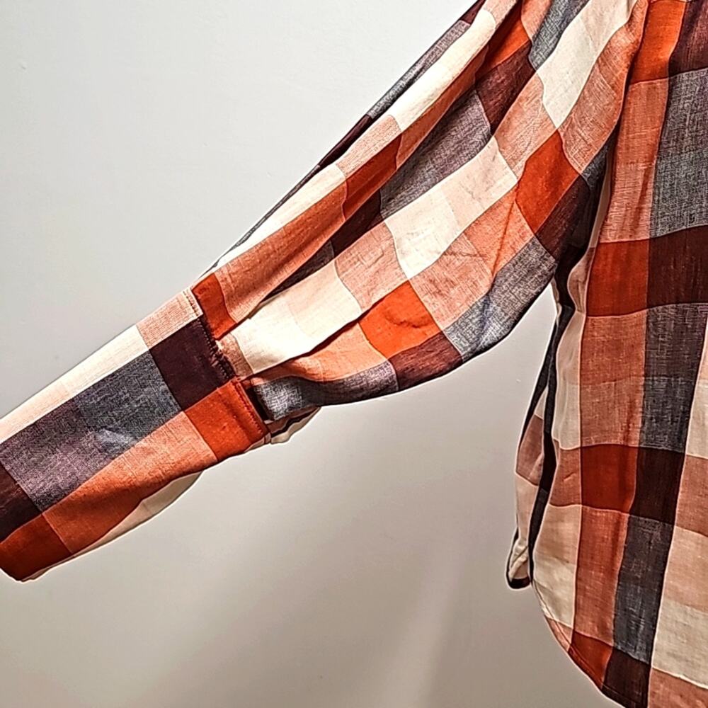 Joie Top Cider Orange Dia Plaid Button Front Long Puffy Sleeve Woman Size M - Picture 4 of 12